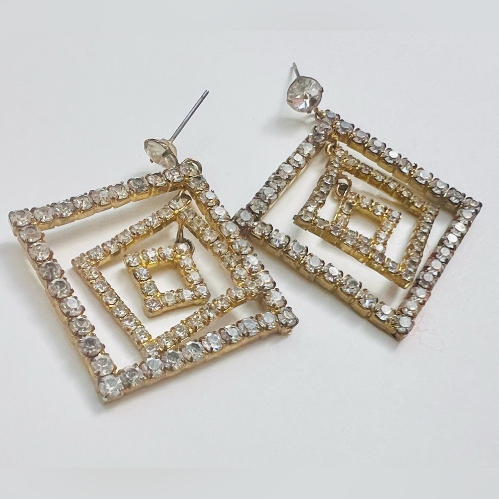 Vintage Layered Geometric Gold Tone Rhinestone Post Back Dangle Drop Earrings